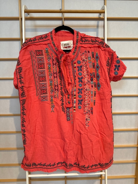Johnny Was Tops - Johnny Was Coral Red Embroidered Cotton Gauze Tunic